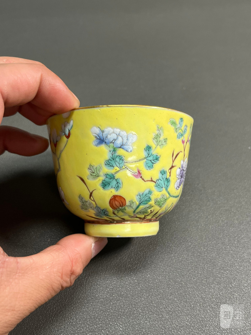 清光绪  黄地粉彩花鸟纹杯 - 图7